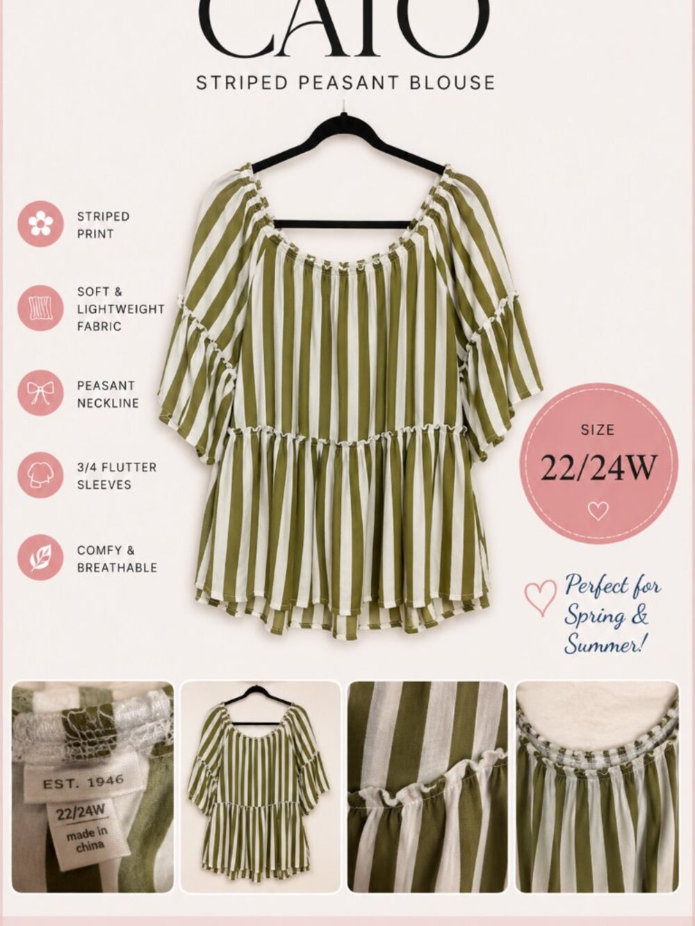 Cato Olive Green & White Striped Peasant Blouse | Size 22/24W Plus Size Boho Top